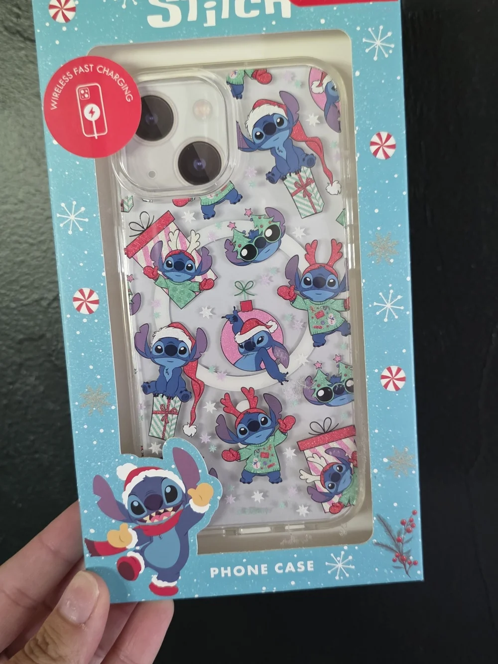 Disney Holiday Stitch Clear Phone Case with Blue, Red, Green Accents